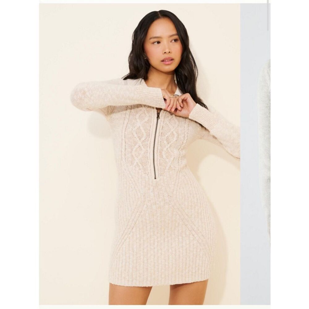 Free People Mont Blanc Cable Knit Zip-Front Sweater Dress in Cream